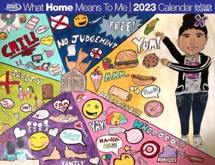 What Home Means to Me 2023 Calendar. The Artwork shows a girl pointing to everything that means home to her.