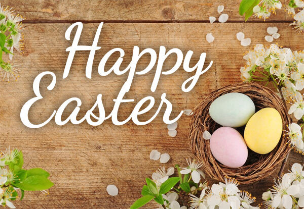 Happy Easter! A nest with three colorful eggs sits on a wooden table. 