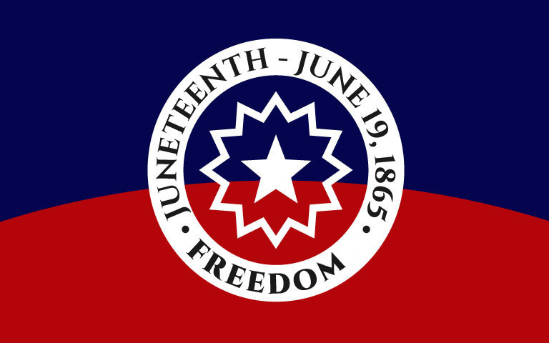Junteenth logo with the text, Juneteenth, June 19, 1865, Freedom.