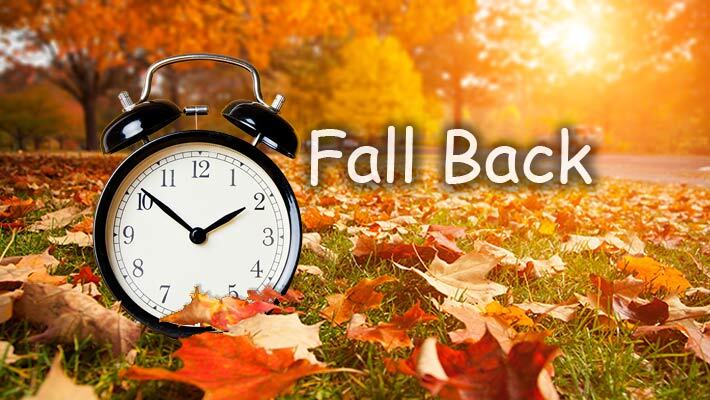 An alarm clock sitting with leaves around it and the text, Fall Back.